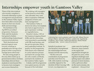 Internships empower youth in Gamtoos Valley